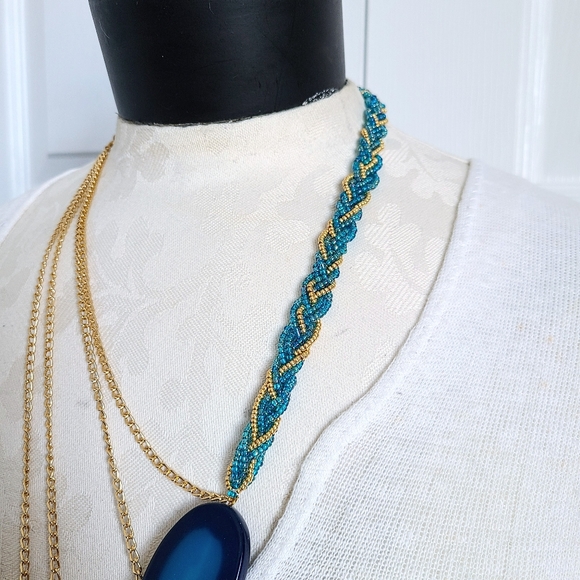 "The Sash" Braided Gold & Blue Beadwork w/ Agate Pendants & Gold Chain Necklace - Picture 7 of 7